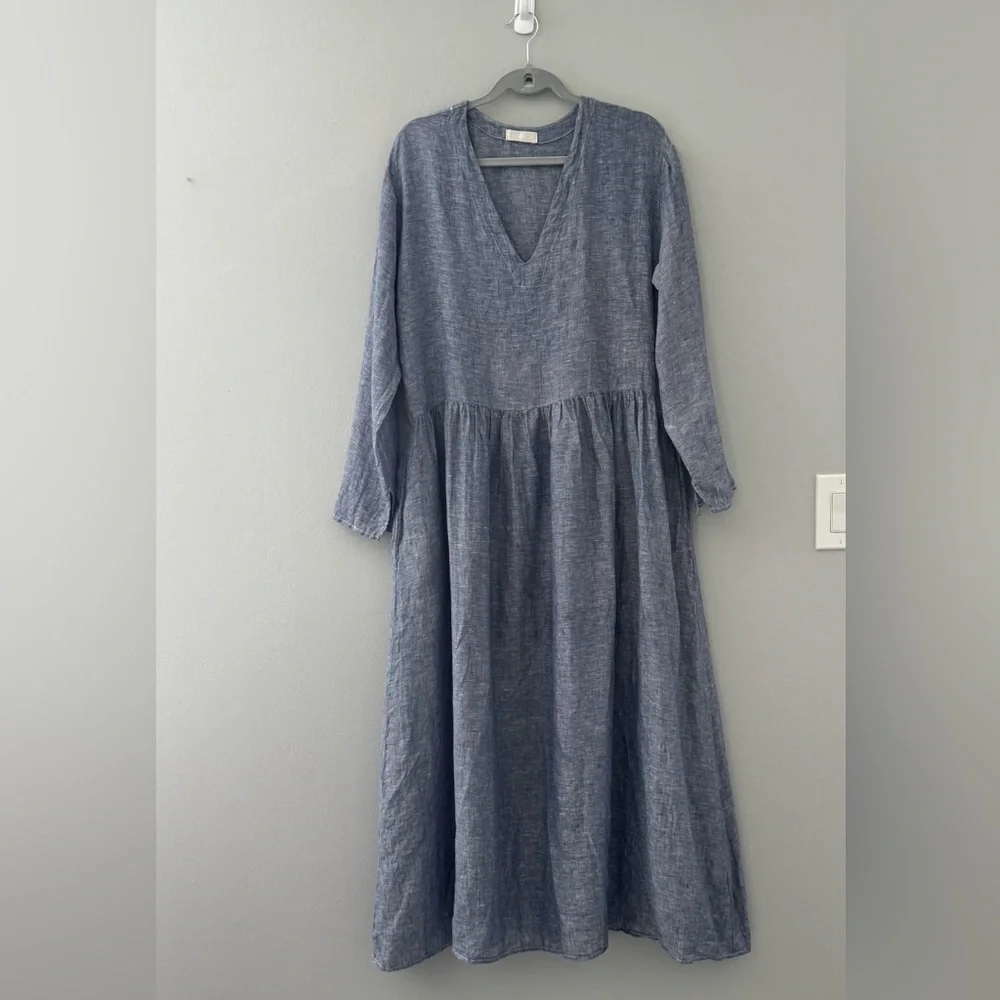 WOMENS CP SHADES BLUE CHAMBRAY LINEN AMANDA MAXI DRESS~POCKETS~  M - Picture 2 of 10